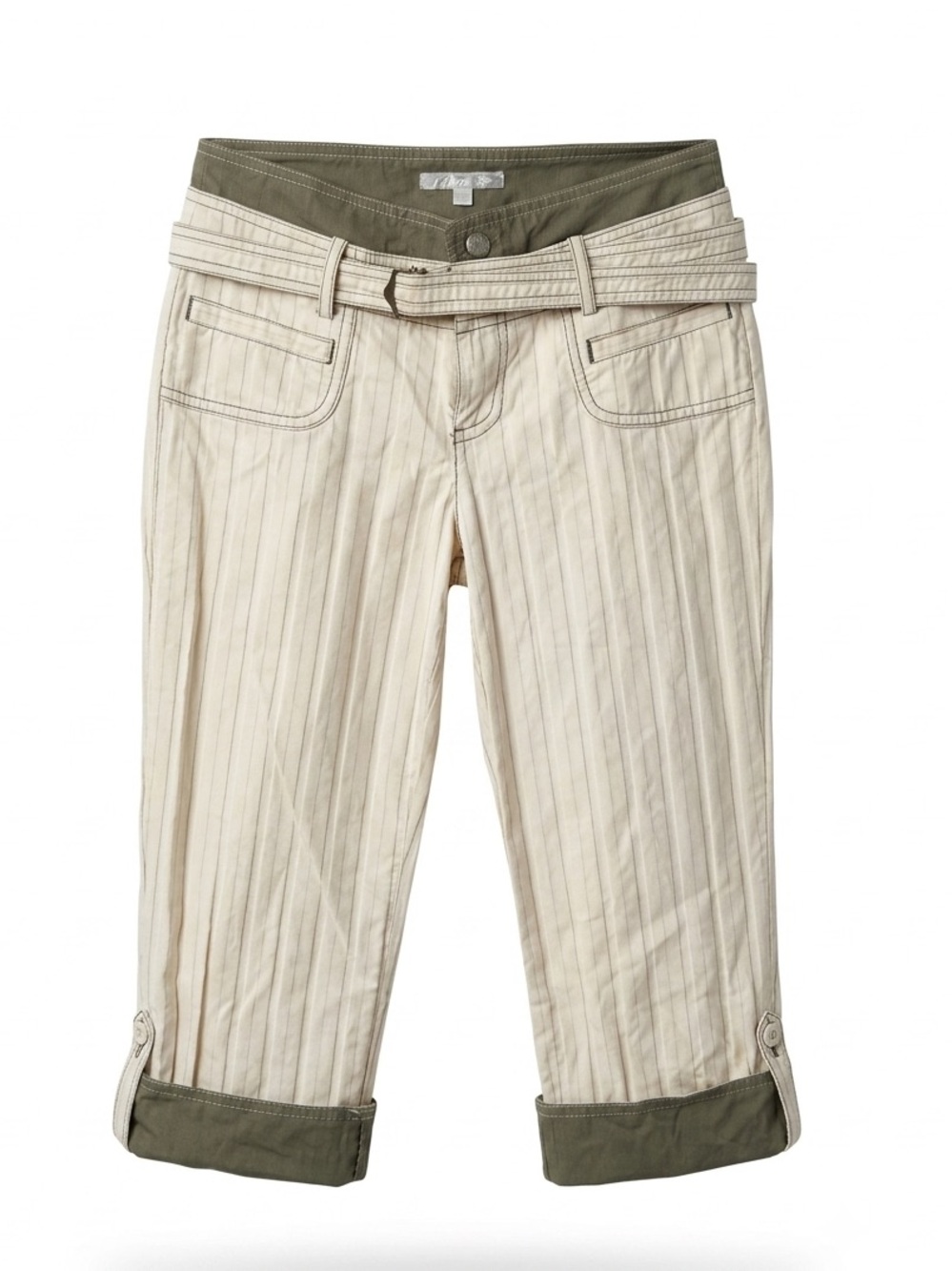 Vintage Y2K Etam Style Pinstripe Capri Pants Belted Cargo Green Cream 25